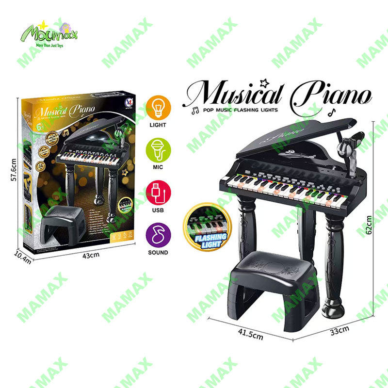 Kids 37-Key Musical Grand Piano Keyboard Set with Mic/Flashing Lights&Stool