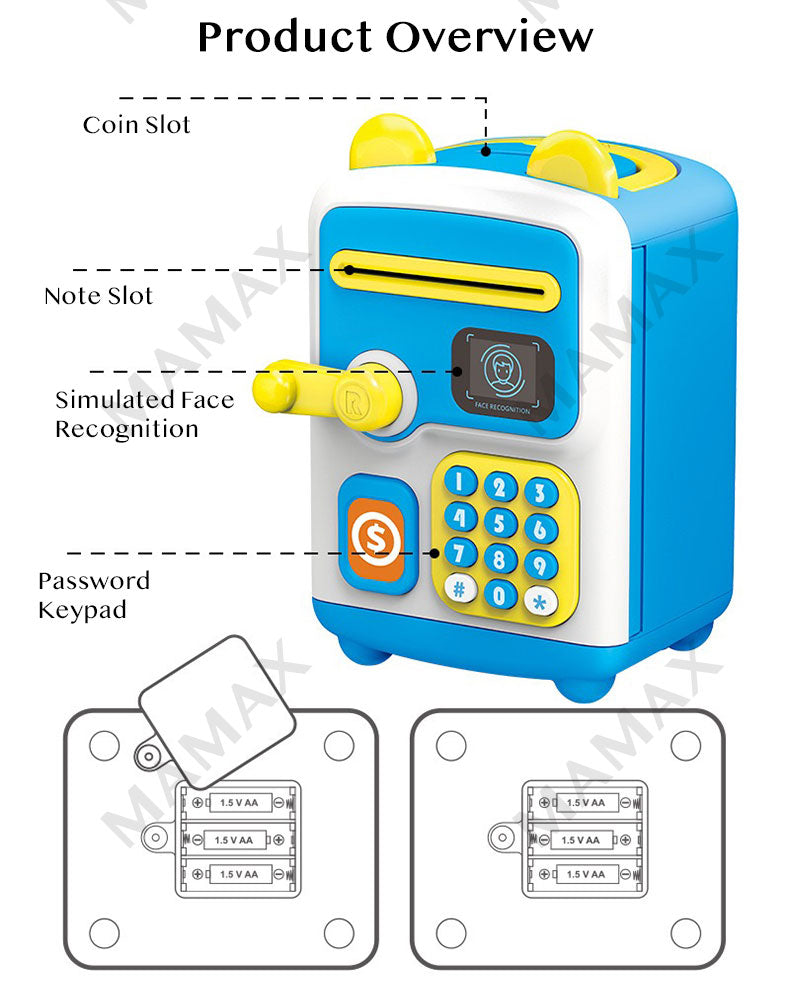 Kids Stimulated Face Recognition Smart Piggy Bank ATM With Password&Auto Cash Deposit★Lights➕Music